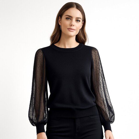 Reitmans Rock & Shine Women's Black Blouse Sheer Polka Dot Sleeve L Dressy Top - Picture 2 of 12